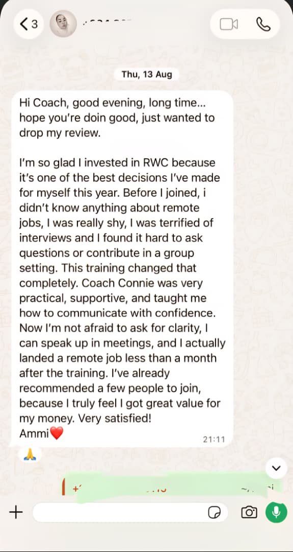 Student testimonial screenshot